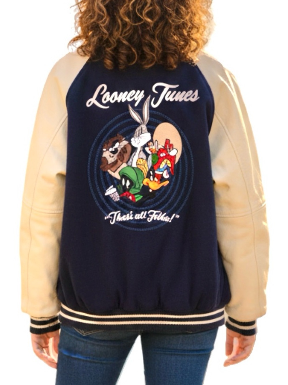 Warner Bros. Varsity Navy Looney Tunes Snap Button Leather Wool Jacket Size M